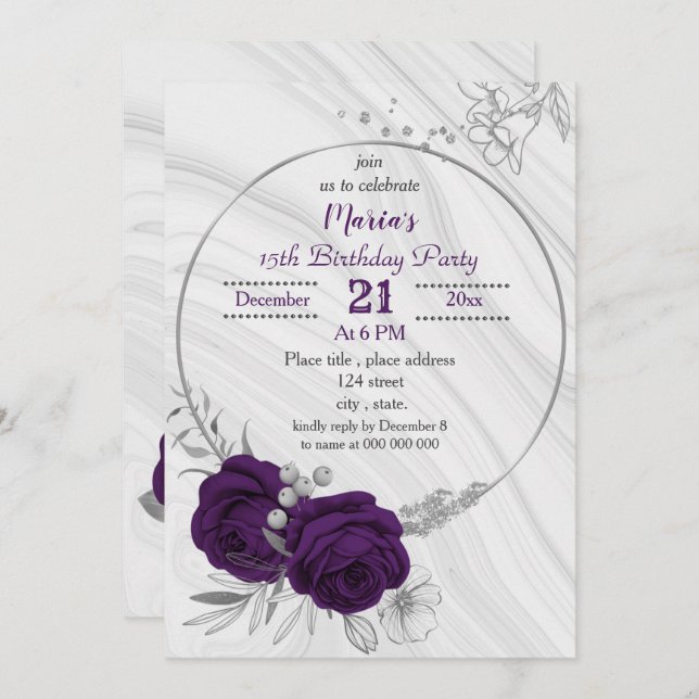 royal purple silver floral geometric birthday invitation (Front/Back)
