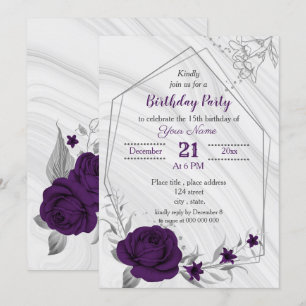 royal purple silver floral geometric birthday invitation