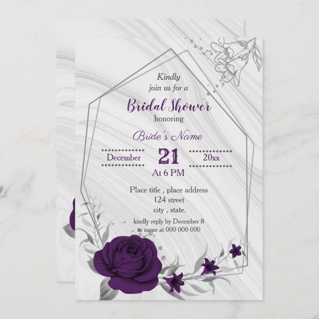 royal purple silver floral geometric bridal shower invitation (Front/Back)