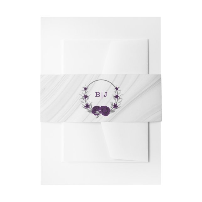 royal purple silver floral marble wedding invitation belly band (Front Example)