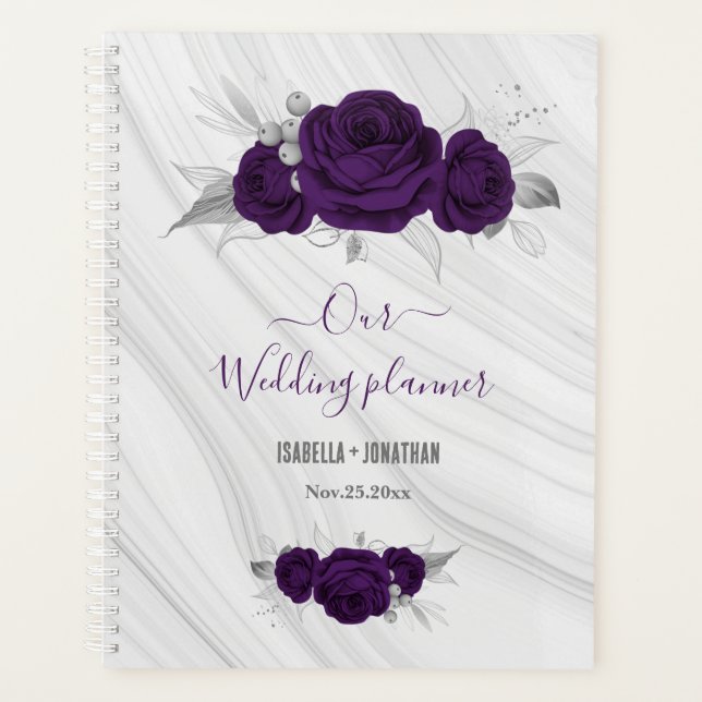 royal purple silver floral marble wedding planner (Front)
