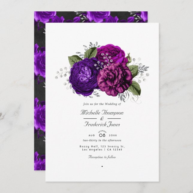 Royal Purple & Silver Floral QR Code RSVP Wedding Invitation (Front/Back)