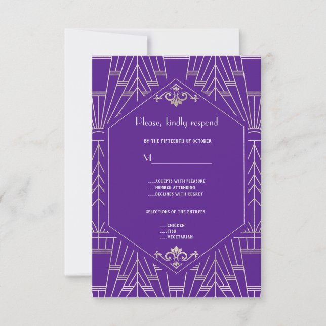 Royal Purple Silver Great Gatsby 20s Wedding RSVP (Front)