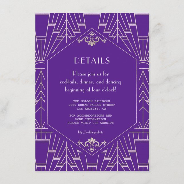 Royal Purple Silver Great Gatsby Wedding Details Enclosure Card (Front)