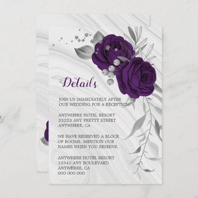 royal purple silver grey floral marble details enclosure card (Front/Back)
