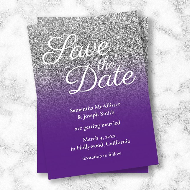 Royal Purple Silver Ombre Glitter Save the Date Invitation (Creator Uploaded)