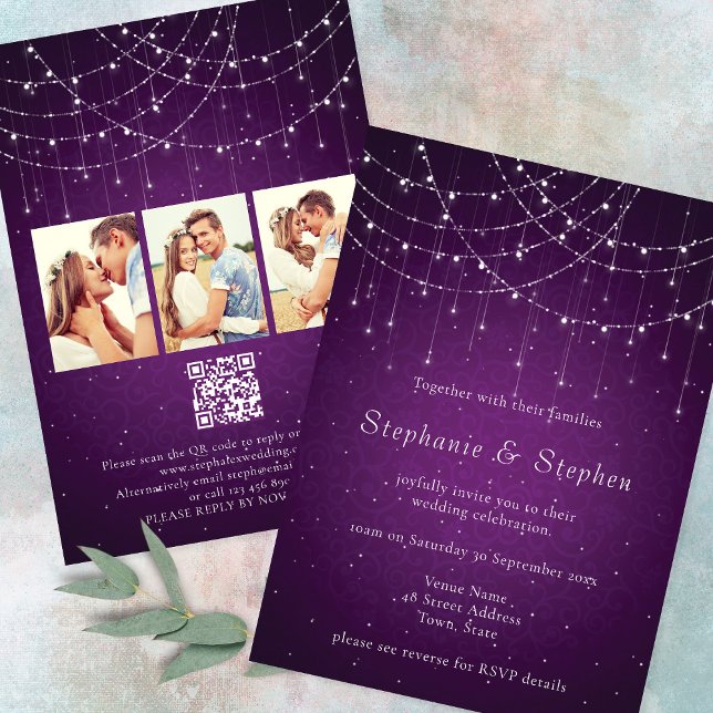 Royal Purple String Lights 3 Photo QR Code Wedding Invitation (Front and back view)