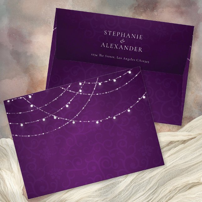 Royal Purple String Lights Damask Wedding Envelope (Front and back view)