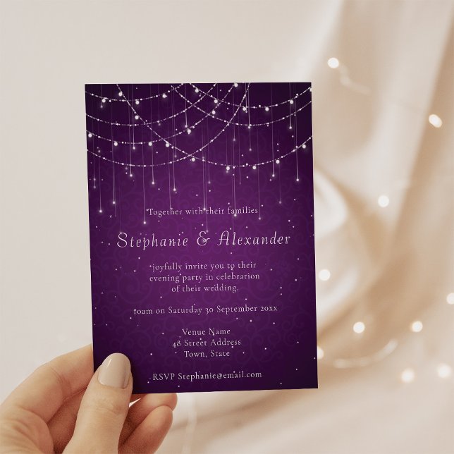 Royal Purple & String Lights Evening Party Wedding Invitation (Creator Uploaded)