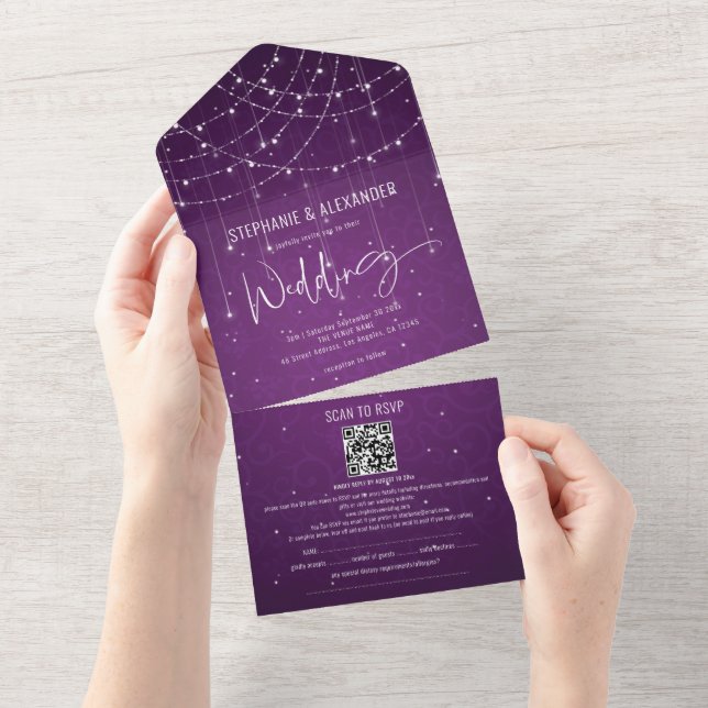 Royal Purple String Lights Guest Details Wedding All In One Invitation (Tearaway)
