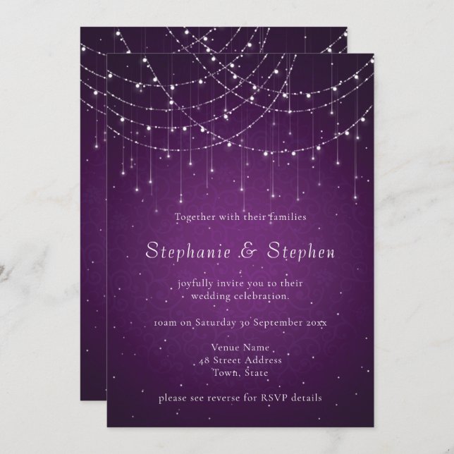 Royal Purple Swirl & String Lights QR Code Wedding Invitation (Front/Back)