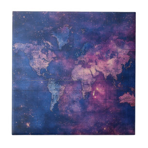Royal Purple Vintage Celestial World Map Ceramic Tile