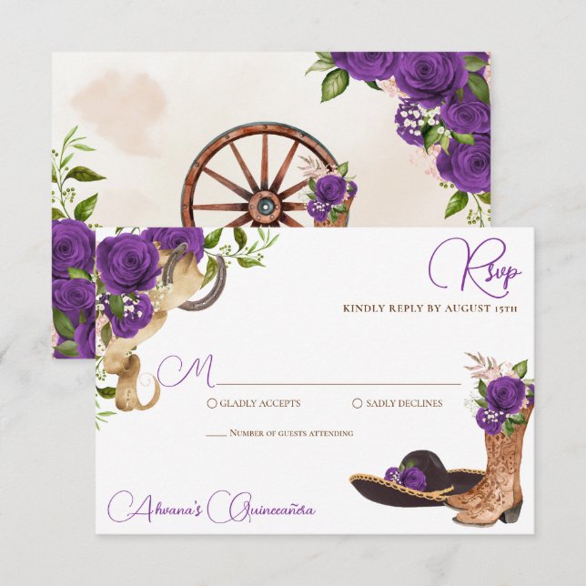 Royal Purple Violet Charro Western Quinceanera RSVP Card (Front/Back)