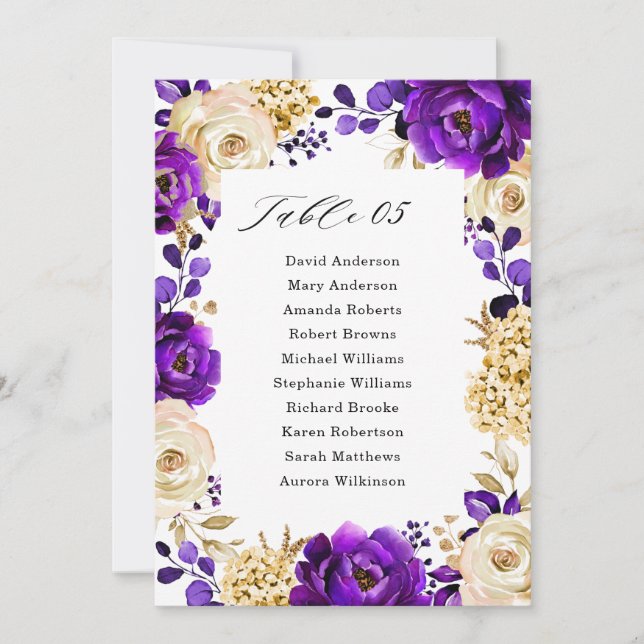 Royal Purple Violet Gold Botanical Seating Chart I Invitation (Front)