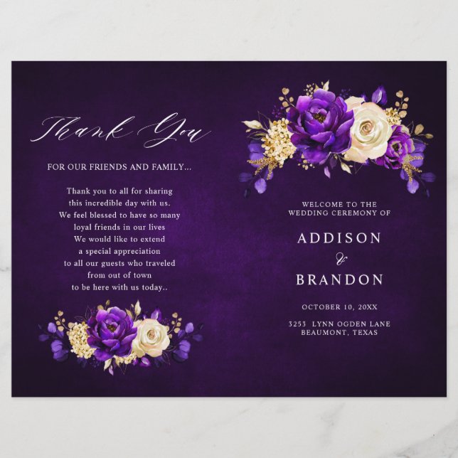 Royal Purple Violet Gold Botanical Wedding Program (Front)