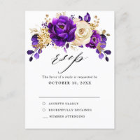 Royal Purple Violet Gold Botanical Wedding RSVP   