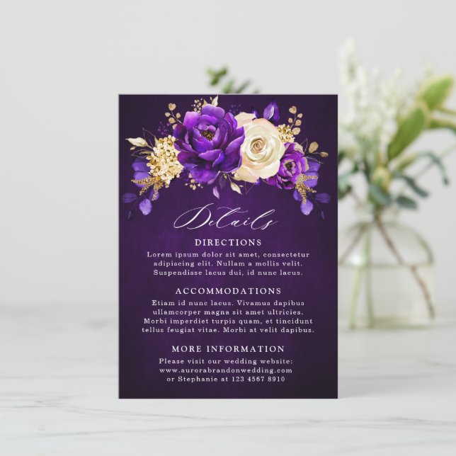 Royal Purple Violet Gold Floral Botanical Wedding  Enclosure Card (Standing Front)