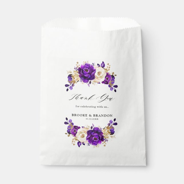 Royal Purple Violet Gold Floral Botanical Wedding Favour Bag (Front)