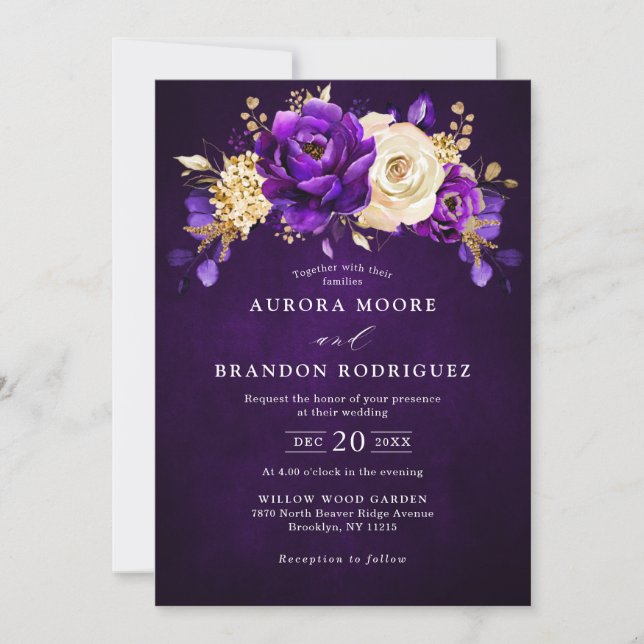 Royal Purple Violet Gold Floral Botanical Wedding  Invitation (Front)