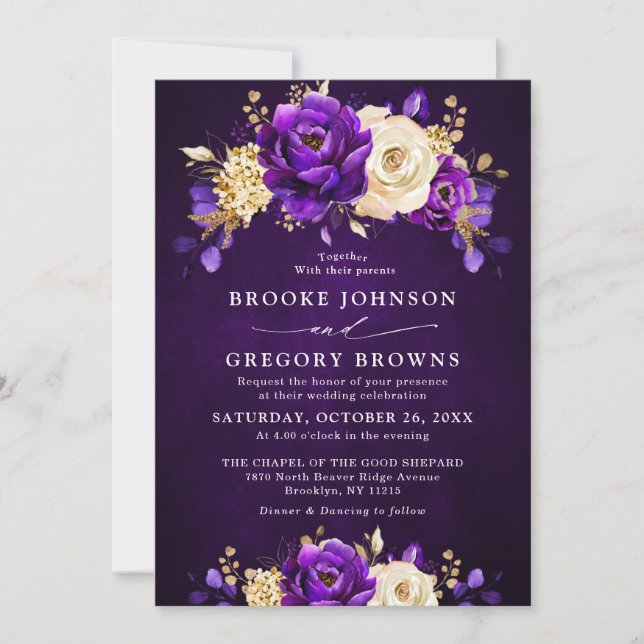 Royal Purple Violet Gold Floral Botanical Wedding  Invitation (Front)