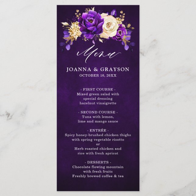 Royal Purple Violet Gold Floral Botanical Wedding  Menu (Front)
