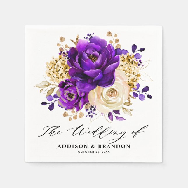 Royal Purple Violet Gold Floral Botanical Wedding Napkin (Front)