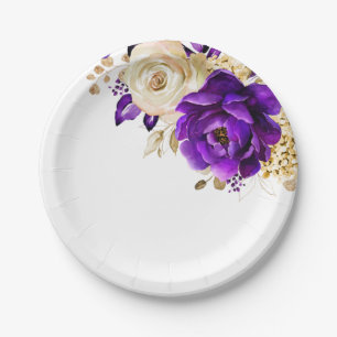 Royal Purple Violet Gold Floral Botanical Wedding Paper Plate