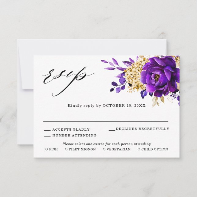 Royal Purple Violet Gold Floral Botanical Wedding RSVP Card (Front)