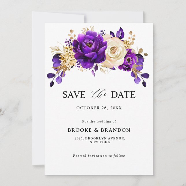 Royal Purple Violet Gold Floral Botanical Wedding Save The Date (Front)