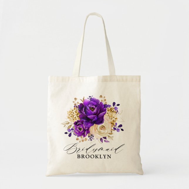 Royal Purple Violet Gold Floral Botanical Wedding Tote Bag (Front)