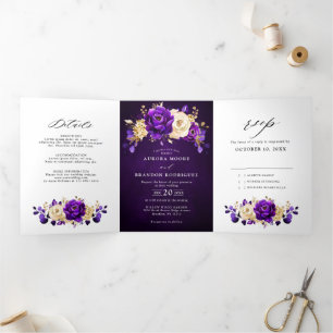 Royal Purple Violet Gold Floral Botanical Wedding  Tri-Fold Announcement