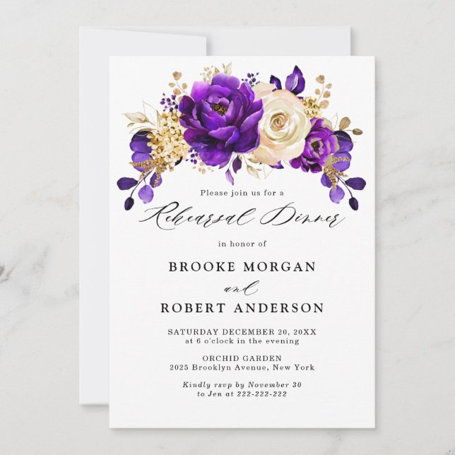 Royal Purple Violet Gold Floral Rehearsal Dinner Invitation (Front)