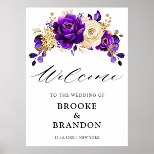 Royal Purple Violet Gold Floral Wedding Welcome Poster