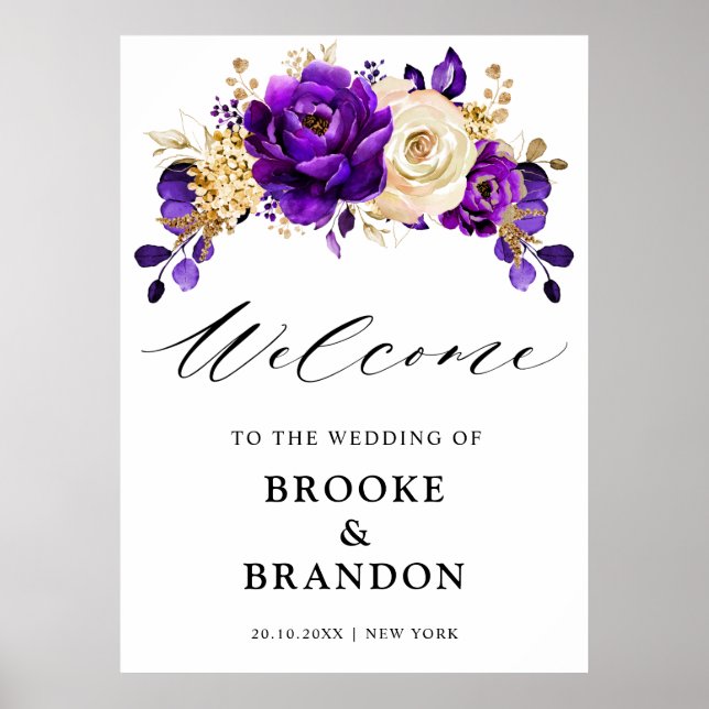 Royal Purple Violet Gold Floral  Wedding Welcome Poster (Front)