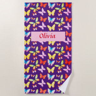 Royal Purple Watercolor Butterfly Personalised Beach Towel