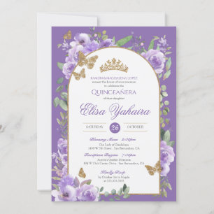 Royal Purple Watercolor Golden Butterfly Quince Invitation