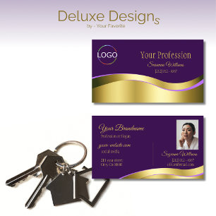 Royal Purple Wavy Gold Decor with Logo and Photo Business Card