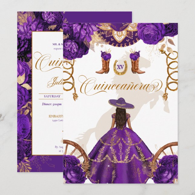 Royal Purple Western Charro 2-Sided Quinceanera In Invitation (Front/Back)