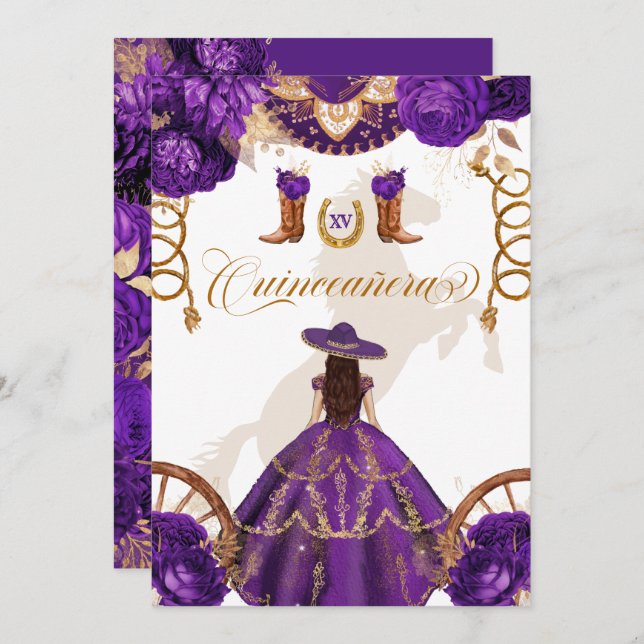 Royal Purple Western Charro 2-Sided Quinceanera Invitation (Front/Back)