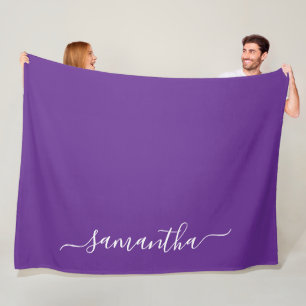 Royal Purple White Elegant Script Signature Name Fleece Blanket