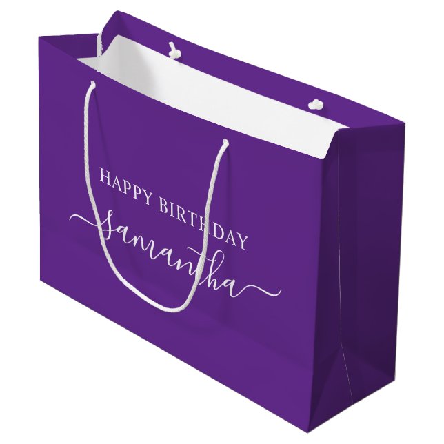Royal Purple White Elegant Script Signature Name Large Gift Bag (Front Angled)