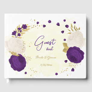 royal purple & white flowers gold botanical guest book
