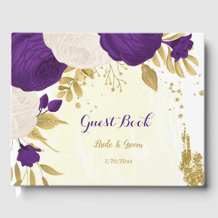 royal purple & white flowers gold botanical  guest book