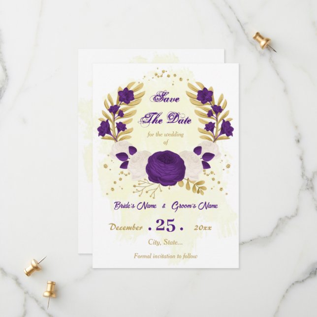 royal purple white flowers gold botanical save the date (Front/Back In Situ)
