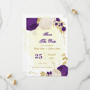 royal purple white flowers gold botanical save the date