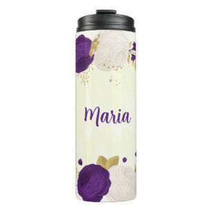 royal purple white flowers gold botanical thermal tumbler