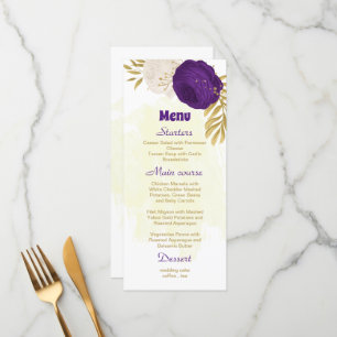 royal purple white flowers gold botanical wedding menu