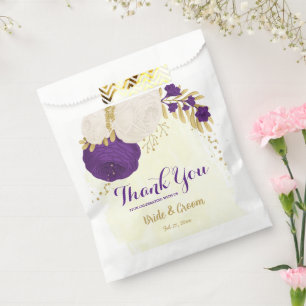 royal purple white flowers gold favour bag