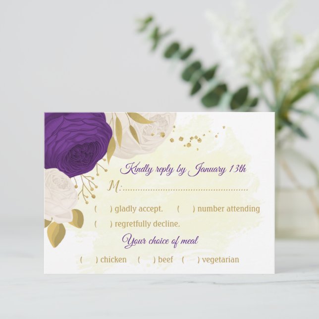 royal purple white flowers gold meal choice RSVP card (Standing Front)