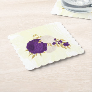royal purple & white flowers gold  paper coaster